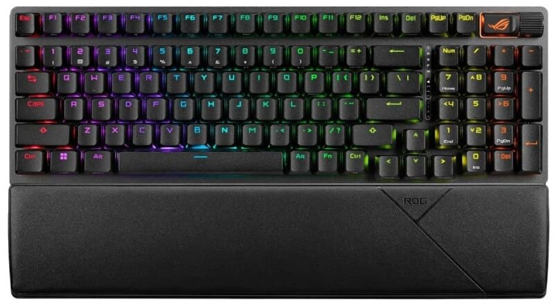 ASUS ROG gaming keyboard with keys backlit.
