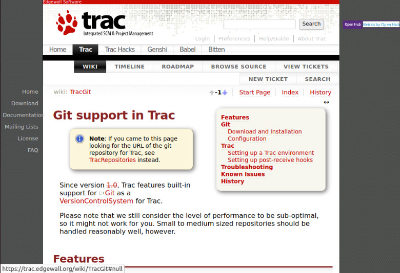 A screenshot of the Trac project landing webpage.