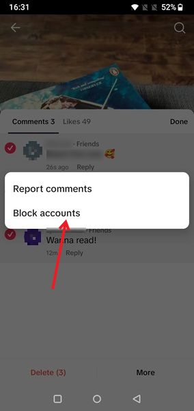 Selecting Block accounts option in TikTok app. 