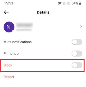 Blocking someone from DM in TikTok app.