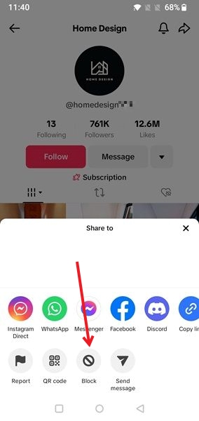 Tapping on Block option in TikTok app from menu at the bottom. 