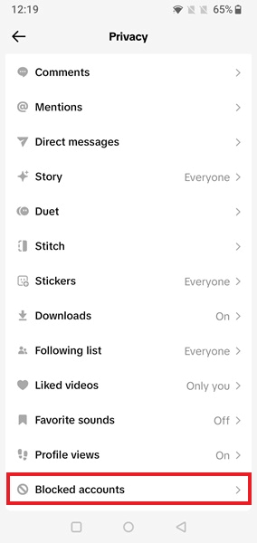 Tapping Blocked accounts in TikTok app Settings page.