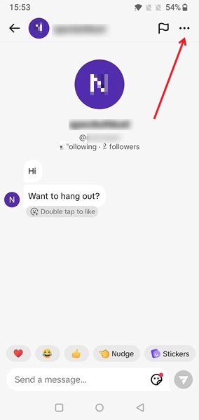 Tapping on three dots in DM in TikTok app.