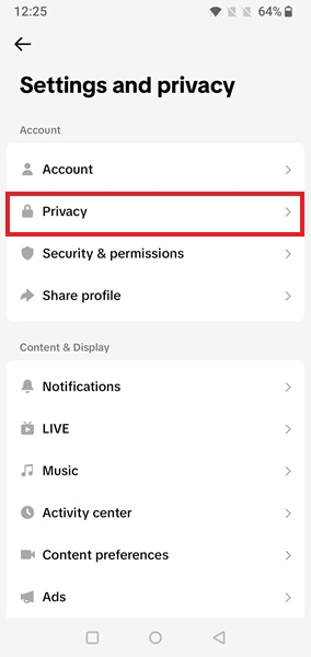 Selecting Privacy in TikTok app Settings menu. 