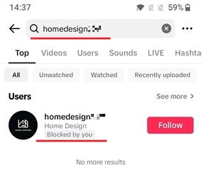 Searching for blocked TikTok account in the app. 