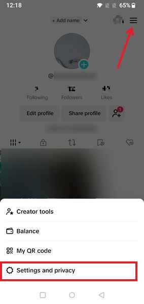 Pressing on hamburger menu on TikTok profile page and selecting Settings and privacy.