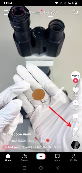 Tapping Share button from TikTok feed in mobile app. 