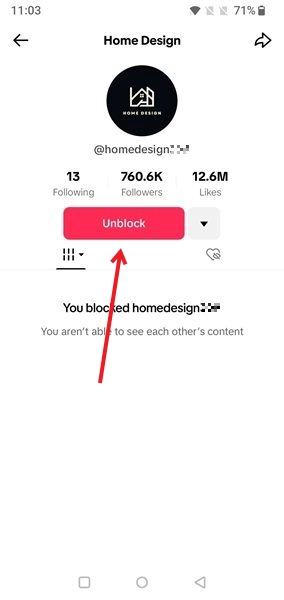 Pressing Unblock option on TikTok profile on mobile. 