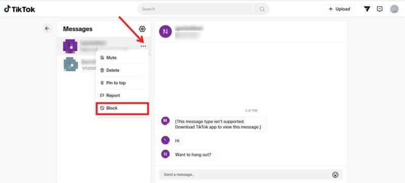 Blocking someone from DM on TikTok on PC.