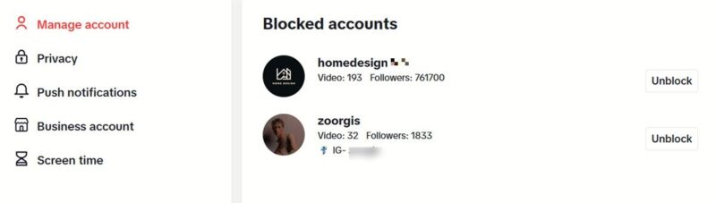Unblock button view in TikTok on PC.