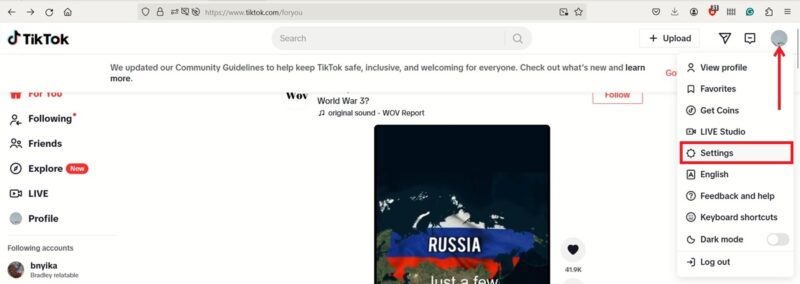 Accessing Settings on TikTok on PC.