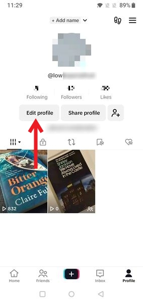 Pressing on Edit profile button on profile page in TikTok app.