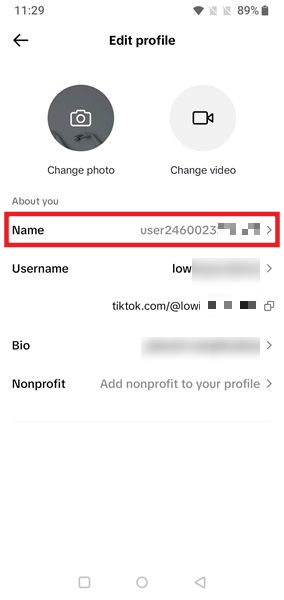 Clicking on Name in TikTok editing profile screen on mobile.