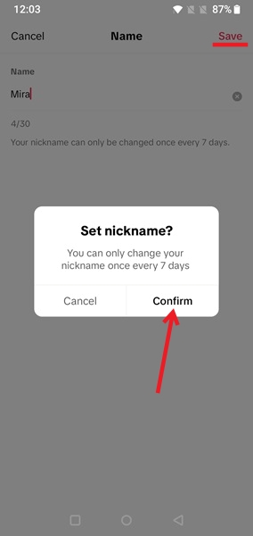 Saving new profile name in TikTok app.