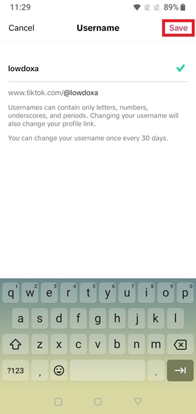 Saving new username in TikTok app.