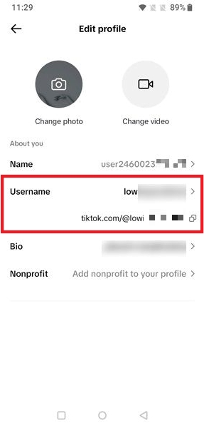 Tapping on current username in TikTok app. 