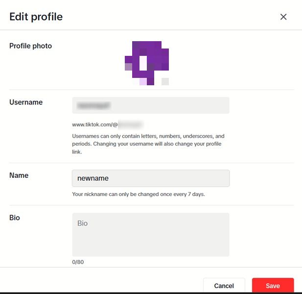 Changing TikTok name in TikTok on PC.