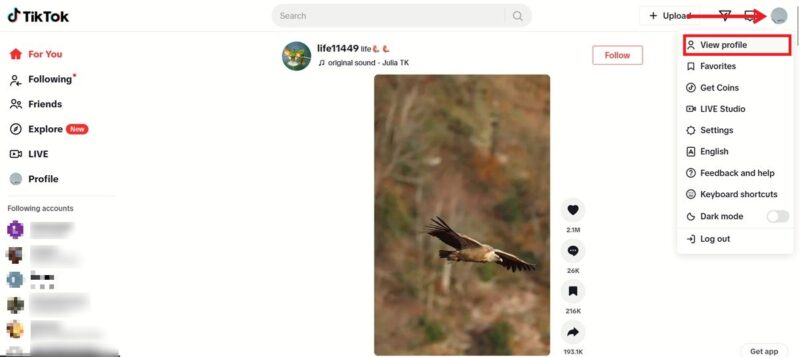 Clicking on "View profile" option in TikTok on PC.
