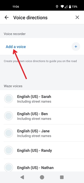 Tapping on "Add a voice" option in Waze app.