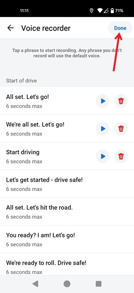 Pressing Done button in list of recorded phrases in Waze app.