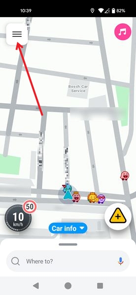 Tapping on hamburger menu in Waze app from navigation screen.