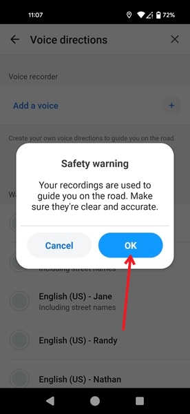 Clicking OK on Safety warning in Waze app.