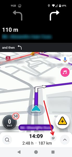 Tapping on sound off icon in Waze app navigation screen.