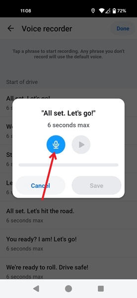 Tapping microphone icon to start recording phrase in Waze app.