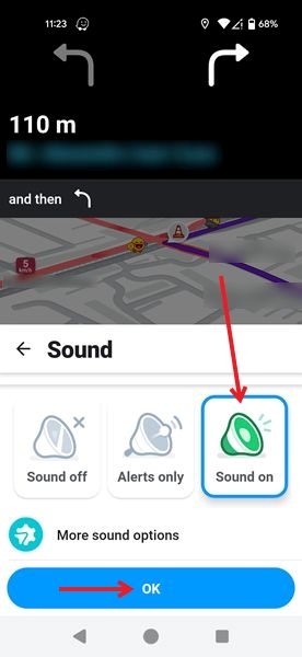 Switching to "Sound on" in Waze app navigation screen.