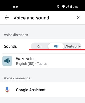 Turning Waze Sounds on and off in app settings.