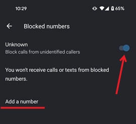 "Blocked numbers" section view in Android Settings. 