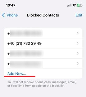 "Blocked numbers" section view in iPhone Settings. 