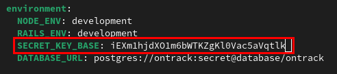 A terminal highlighting the random secret key base for Ontrack.
