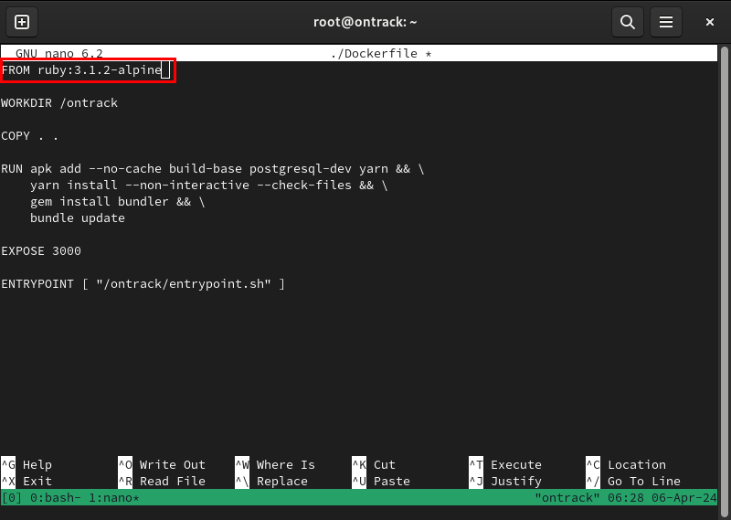 A terminal highlighting the different Ruby version for Ontrack.