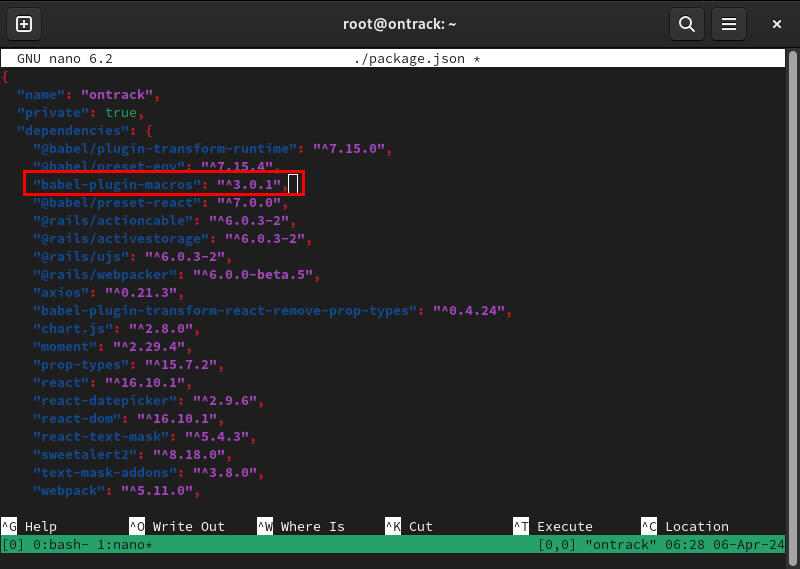 A terminal showing the added dependency for Ontrack.