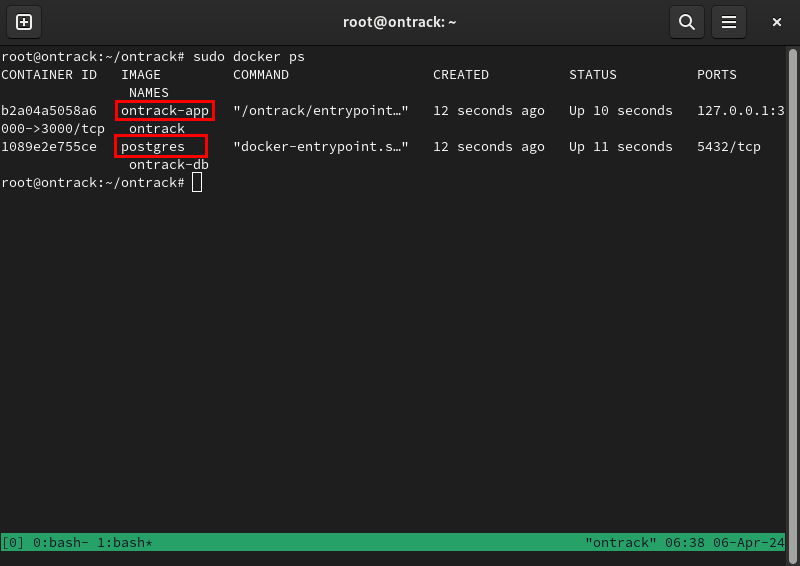 A terminal showing the two Docker containers running Ontrack.