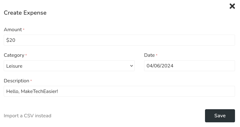A screenshot showing the expenses form for Ontrack.