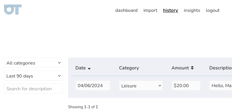 A screenshot showing a sample transaction in Ontrack's history.