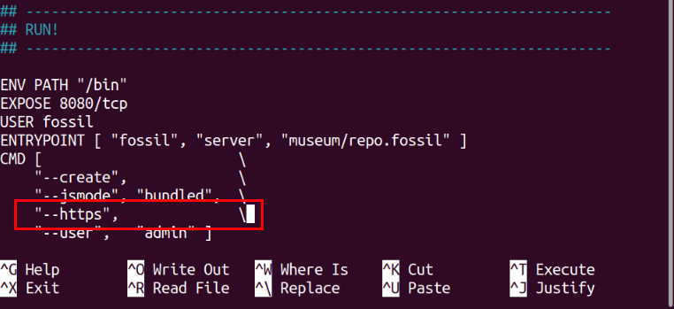 A terminal highlighting the "--https" flag to enable HTTPS by default in Fossil.