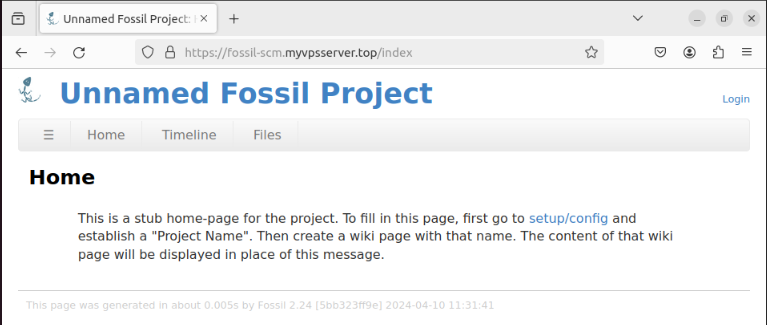 A screenshot showing the landing page for a freshly installed Fossil instance.