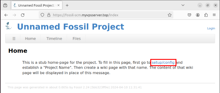 A screenshot highlighting the "setup/config" link on Fossil's default landing page.