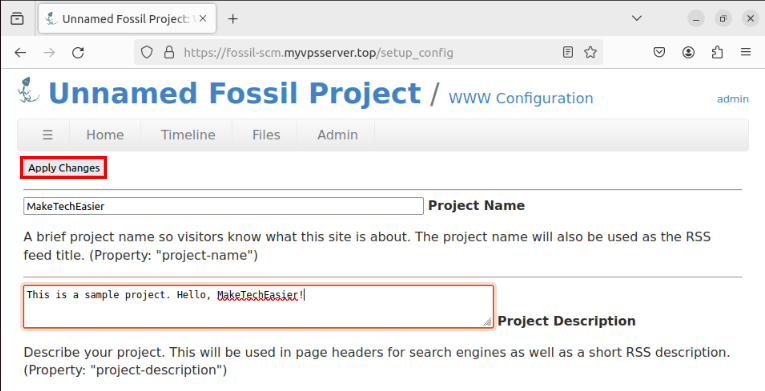 A screenshot highlighting the "Apply Changes" button for Fossil's initial config.