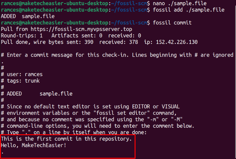 A terminal showing the commit message format for Fossil.