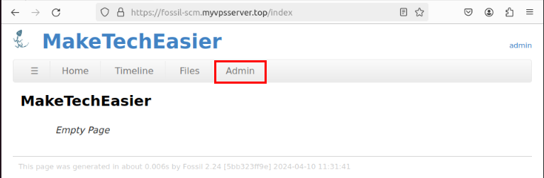 A screenshot showing the location of the "Admin" menu item in the Fossil dashboard.