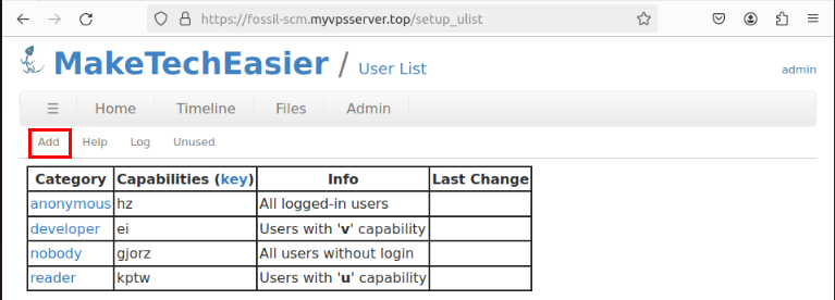 A screenshot showing the location of the "Add" button for creating new users.