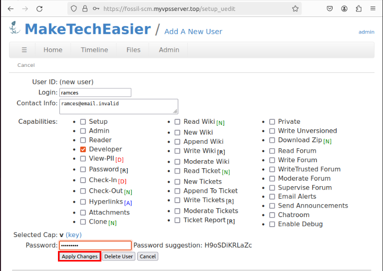 A screenshot showing the default committer setup for a new Fossil user.