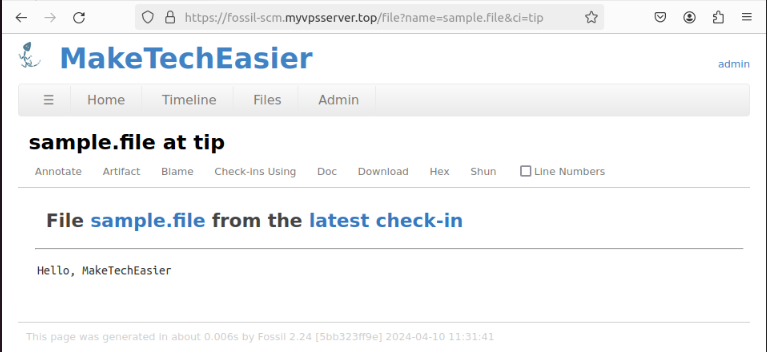 A screenshot showing the sample commit file in the self-hosted Fossil instance.