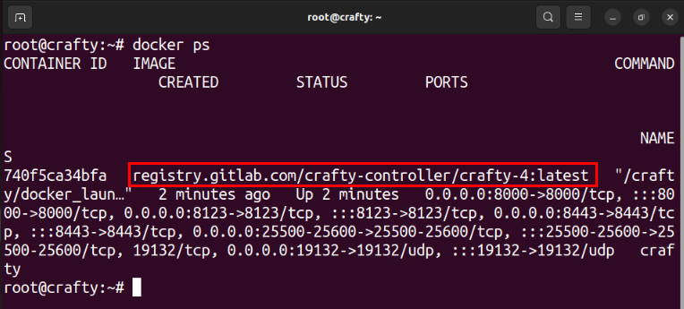 A terminal showing the Crafty container running on the system.