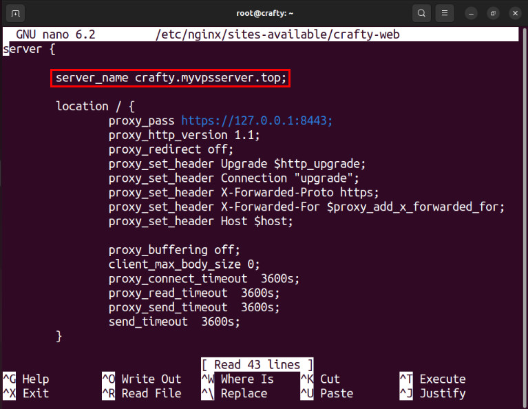 A terminal highlighting the modified "server_name" variable on Crafty's site config file.