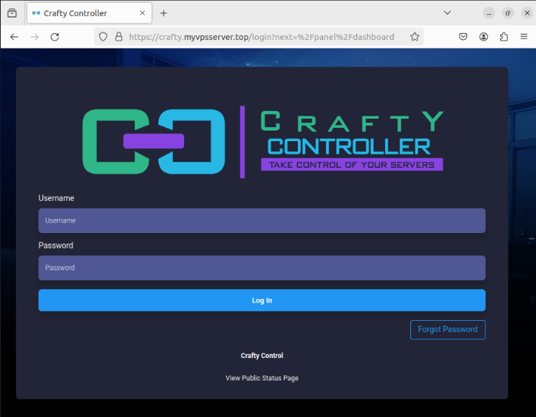 A screenshot showing the Crafty Controller login screen running on the subdomain.